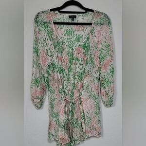 Vintage Talbots Sheer Floral Blouse Top Size S/M Green Pink Fairy Tie Whimsigoth